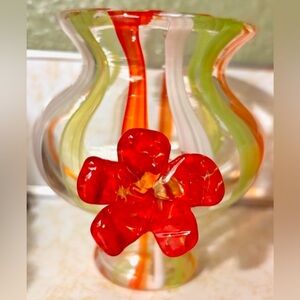 Murano Italy Vase,Applied Red Flower.Handblown By Glass Artisan’s ,Murano 🇮🇹